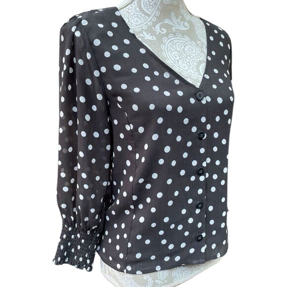 Retro Polka Dot Chiffon Button Blouse Black White Smocked Cuffs Sz 4 Retro Chic - Picture 4 of 15